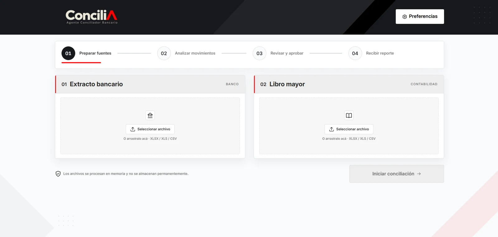 Interfaz real de ConciliA: preparación del extracto bancario y libro mayor, con etapas de análisis, revisión y reporte.